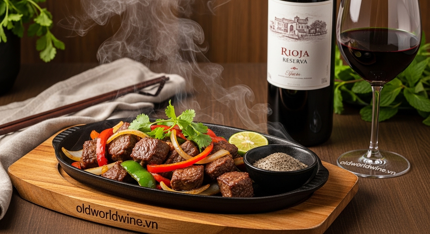 Món bò lúc lắc Việt Nam nóng hổi, kết hợp rượu vang Rioja Reserva Tây Ban Nha, trong không gian ấm cúng phong cách rustic
