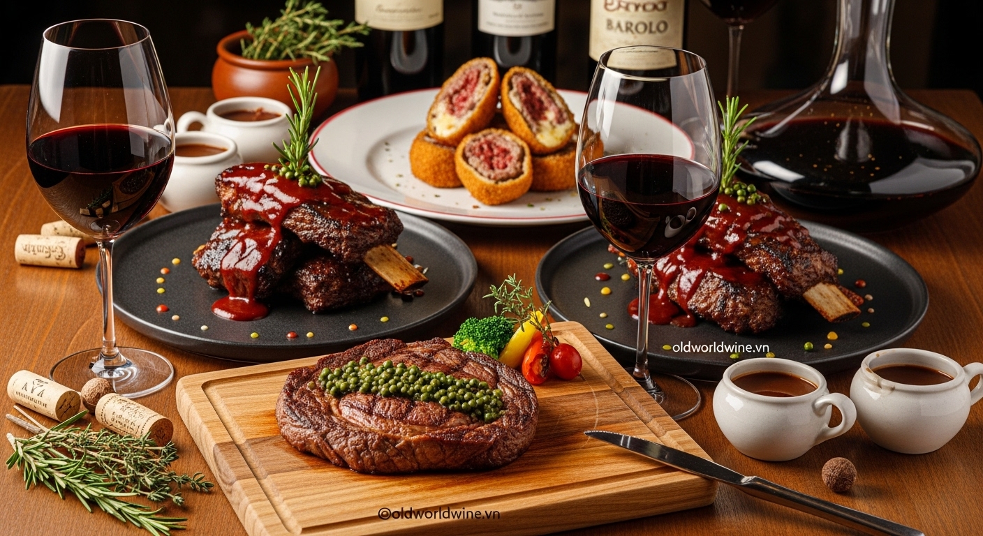 Bò nướng, bít tết sốt tiêu và BBQ kết hợp rượu vang đỏ như Syrah, Zinfandel, Barolo trong khung cảnh ẩm thực cao cấp.