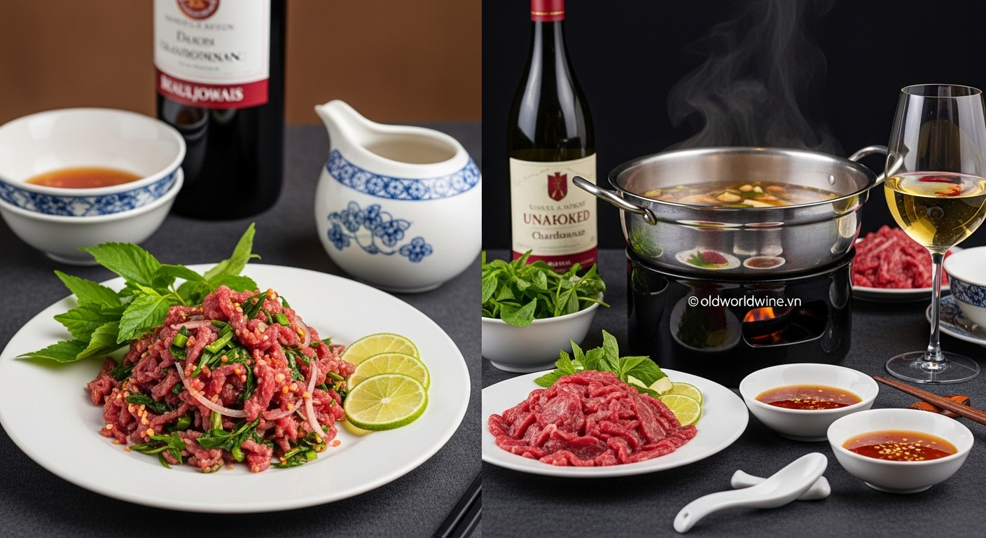 Gỏi bò tái chanh và bò nhúng giấm ăn kèm rượu vang trắng mát như Sauvignon Blanc và Chardonnay.