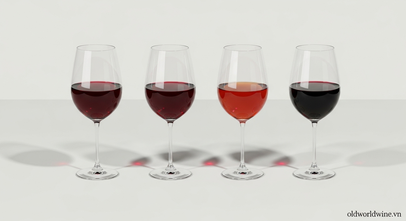 Bốn ly rượu vang đỏ đại diện cho Cabernet Sauvignon, Merlot, Pinot Noir và Syrah trên nền sáng, phong cách hiện đại tối giản.