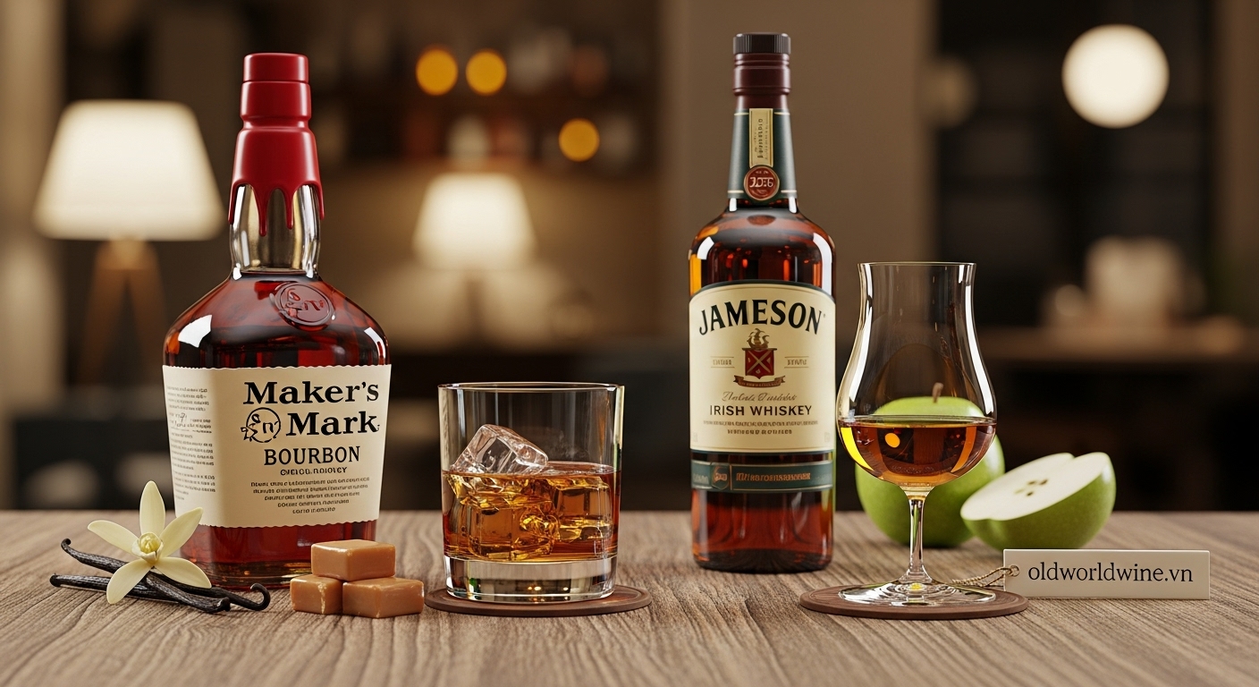 Hình ảnh ấm cúng với hai chai whisky – Bourbon và Irish Whiskey – cùng ly pha chế đặc trưng, tạo cảm giác gần gũi và sang trọng, phản ánh xu hướng tiêu dùng whisky dễ tiếp cận tại Việt Nam.