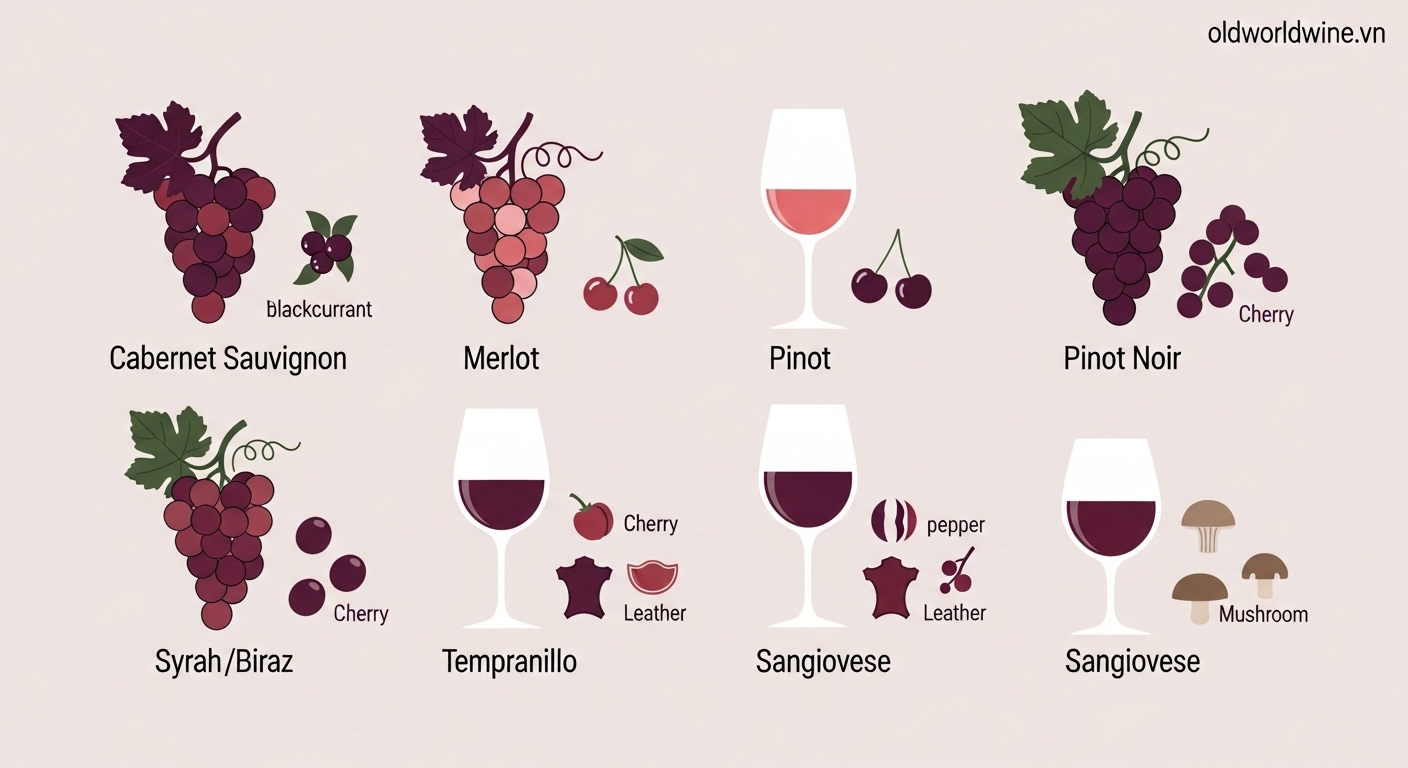 "Minh họa các giống nho đỏ phổ biến dùng làm rượu vang: Cabernet Sauvignon, Merlot, Pinot Noir, Syrah, Tempranillo, và Sangiovese, cùng với hương vị đặc trưng của từng loại."