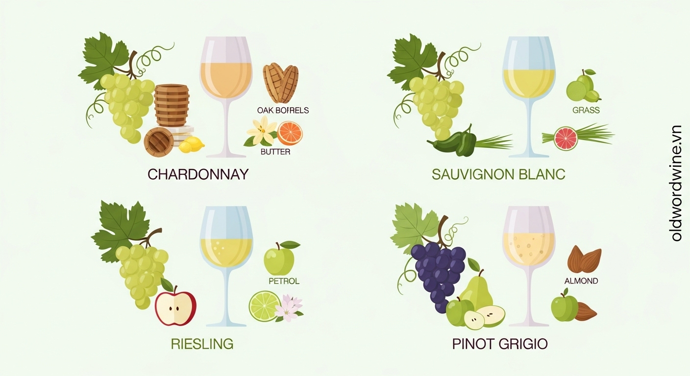 "Minh họa các giống nho vang trắng nổi tiếng: Chardonnay, Sauvignon Blanc, Riesling và Pinot Grigio, với đặc điểm hương vị và màu sắc khác nhau."