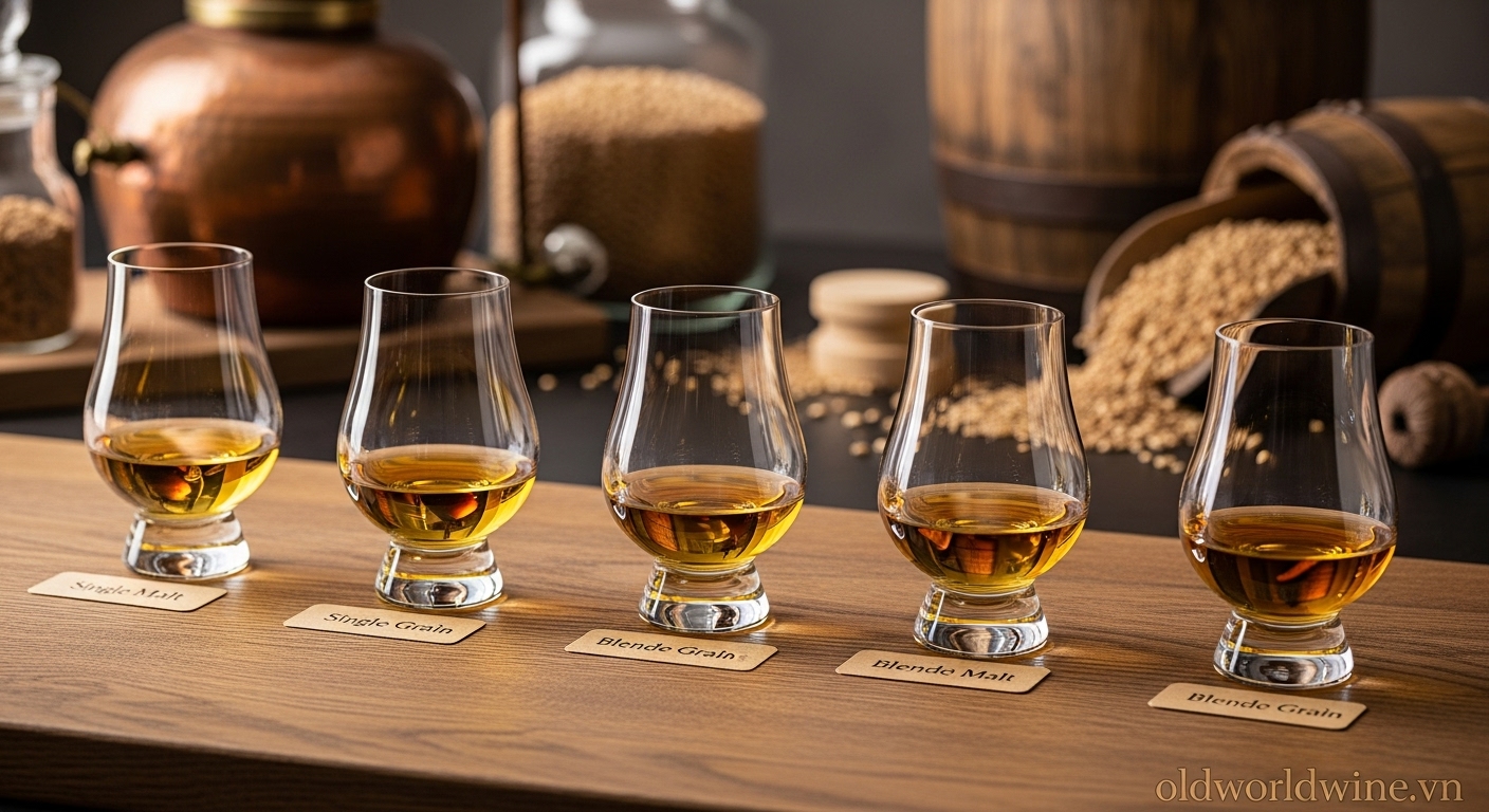 Các loại Scotch Whisky chính: Single Malt, Blended, Grain và đặc điểm hương vị riêng biệt của từng loại