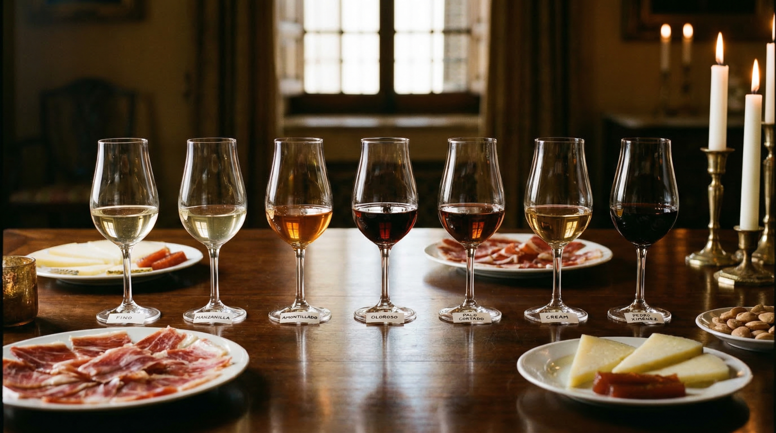 Ảnh tĩnh vật: 7 ly rượu Sherry khác nhau (Fino, Manzanilla, Amontillado, Oloroso, Palo Cortado, Cream, Pedro Ximénez) trên bàn gỗ, mỗi ly có nhãn tên nhỏ.