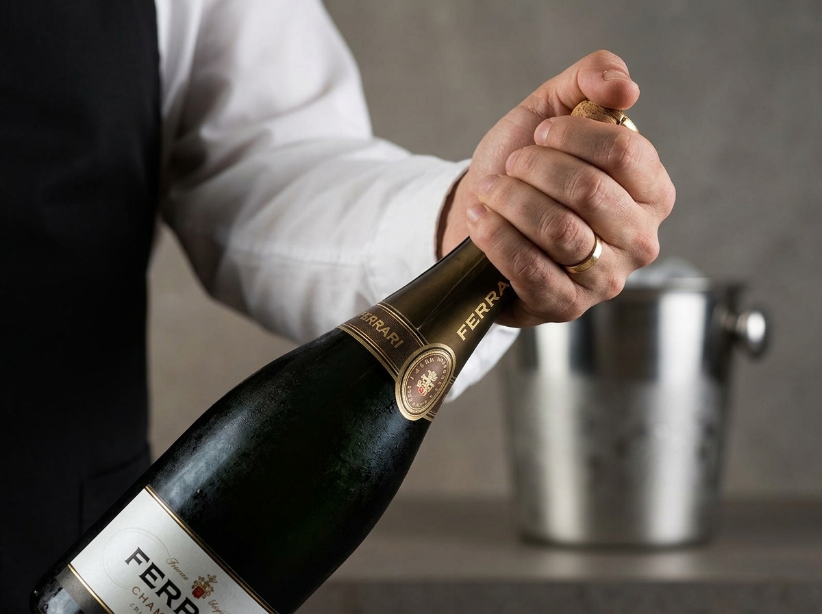 Cận cảnh một bàn tay đang giữ chặt nút cork và đáy chai Champagne nghiêng 45 độ.