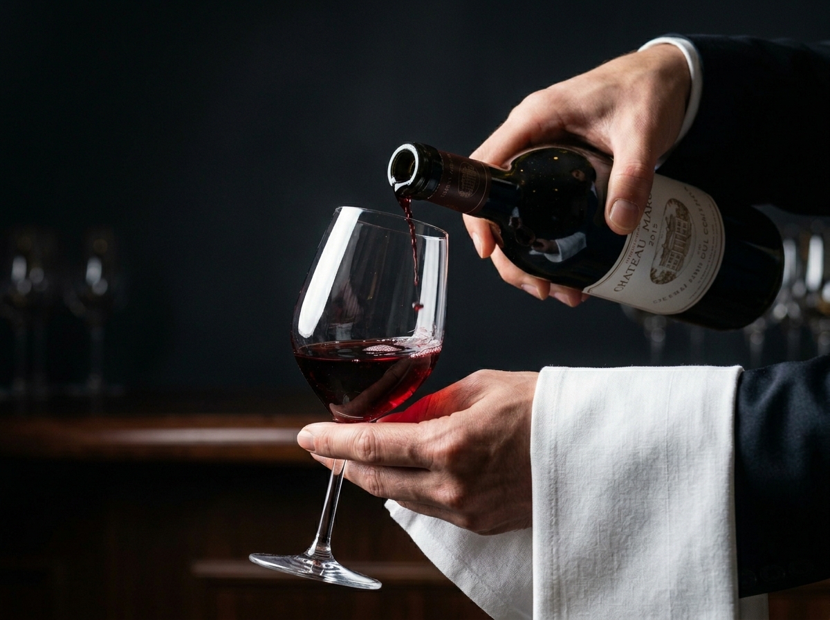Cận cảnh một thao tác tinh tế: đôi bàn tay thanh lịch đang thực hiện động tác xoay nhẹ (twist) cổ chai rượu vang đỏ ngay phía trên vành ly pha lê mỏng.