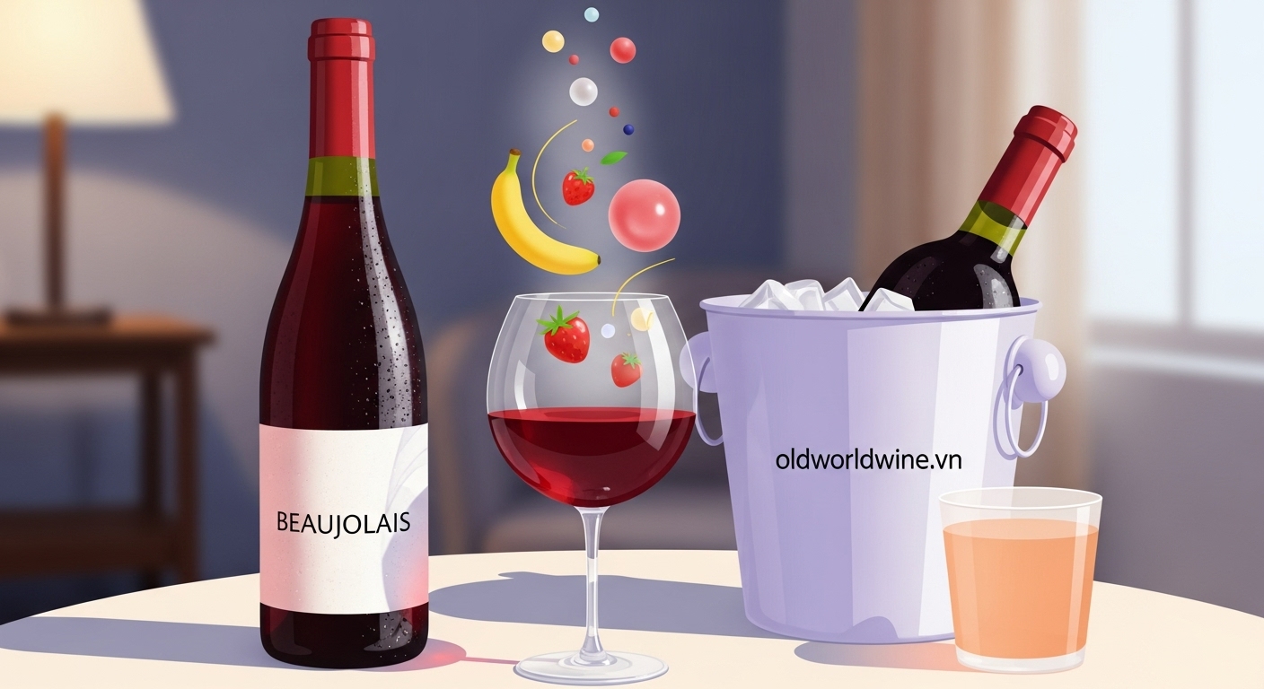 Minh họa cách thưởng thức rượu vang Beaujolais đúng chuẩn với ly thích hợp và nhiệt độ phục vụ lý tưởng