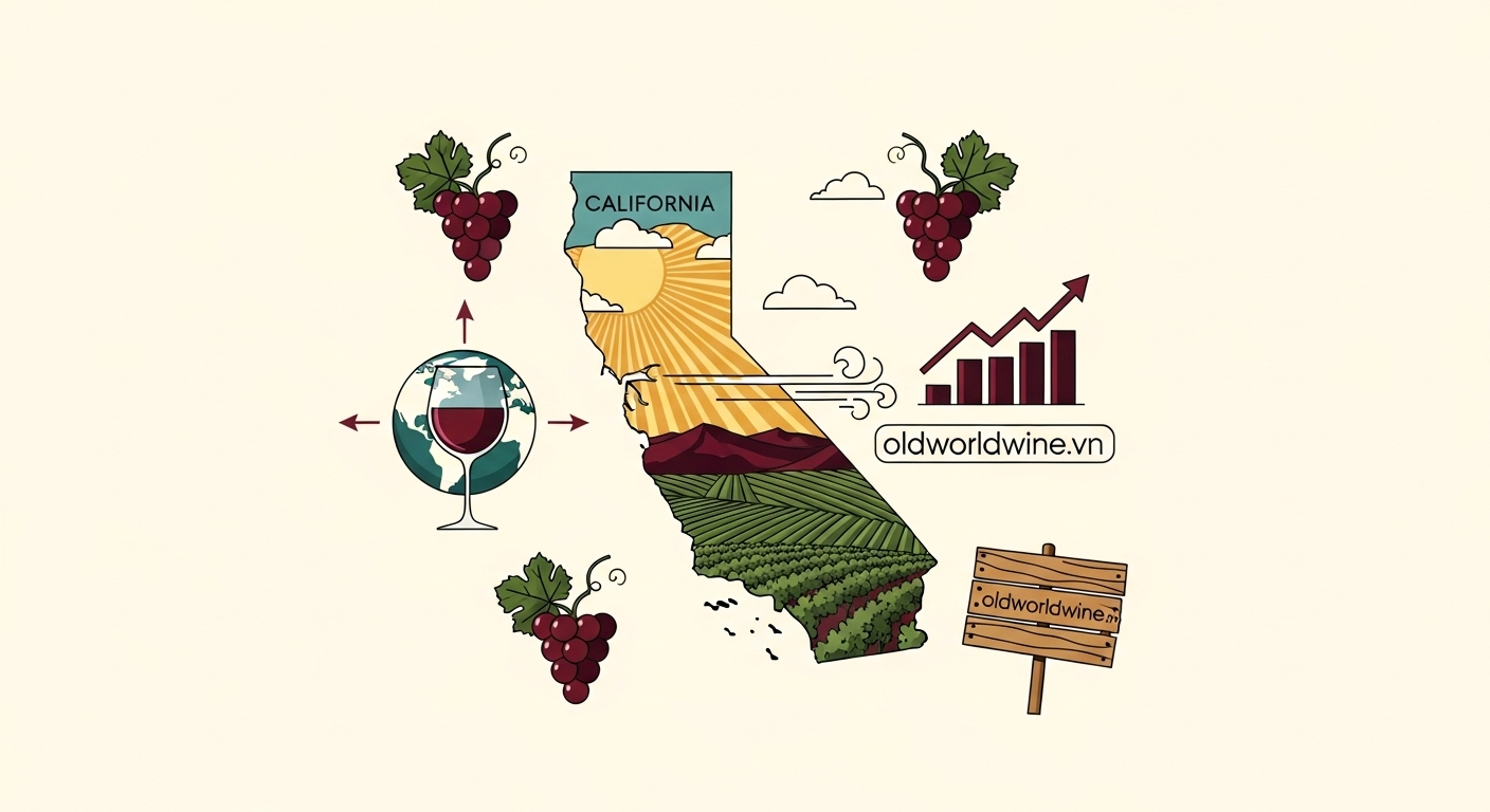 Minh họa California như một cường quốc rượu vang toàn cầu, với hình ảnh biểu tượng chai rượu vang, vườn nho và biểu đồ sản lượng tiêu thụ.