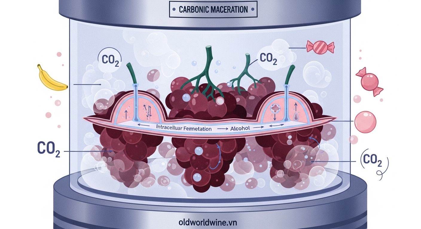 Minh họa quy trình lên men nội bào Carbonic Maceration trong sản xuất rượu vang Beaujolais