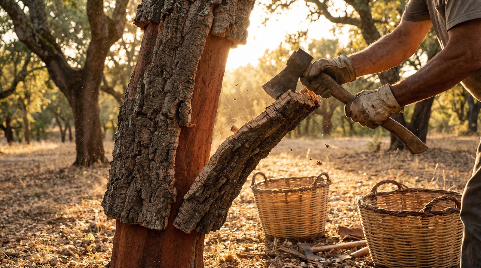 Thu hoạch vỏ cây sồi để sản xuất nút bần tự nhiên là quy trình sinh thái bảo vệ môi trường