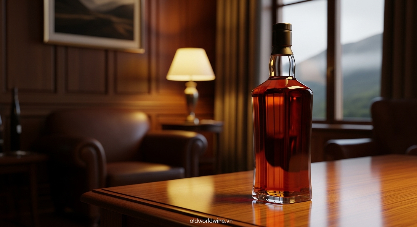 Hình ảnh sang trọng chai whisky Scotch pha trộn đặt trên bàn gỗ trong không gian cổ điển kiểu Scotland – gợi nhớ sự tinh tế, mượt mà và di sản lâu đời của dòng rượu Chivas Regal.