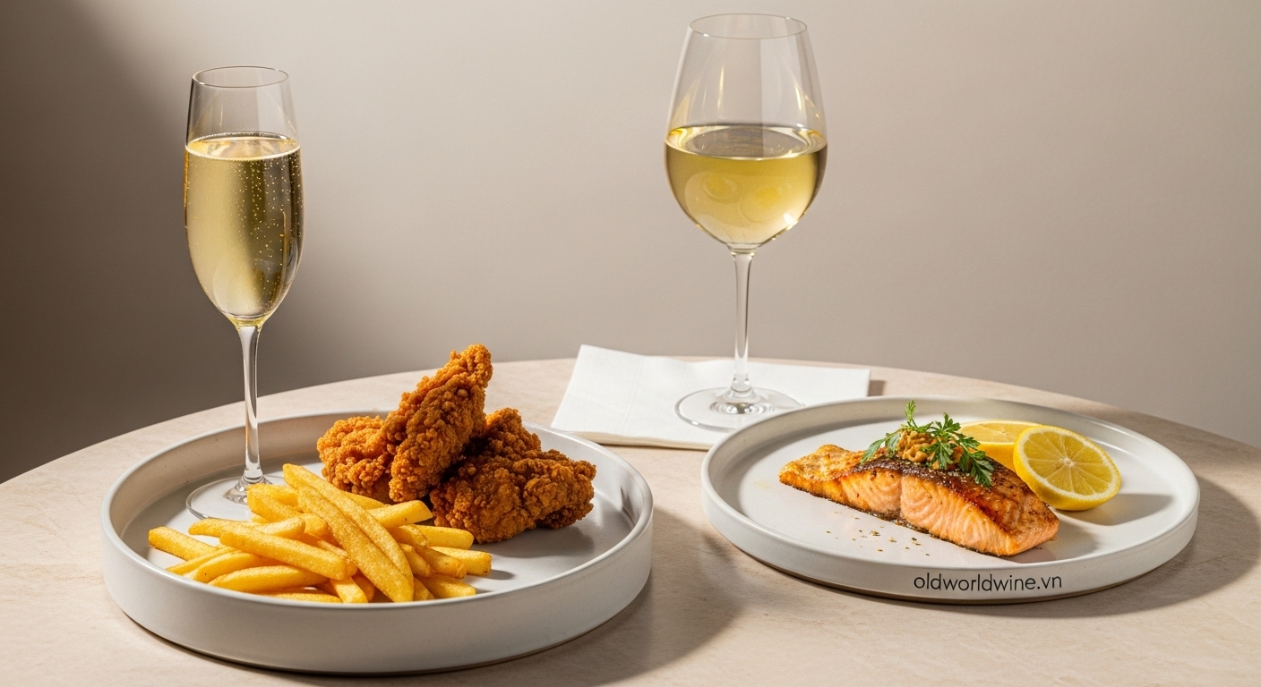 Hình ảnh kết hợp Champagne với gà rán, khoai tây chiên và Sauvignon Blanc với cá hồi nướng – phong cách pairing sáng tạo, cân bằng giữa sang trọng và thân thiện.