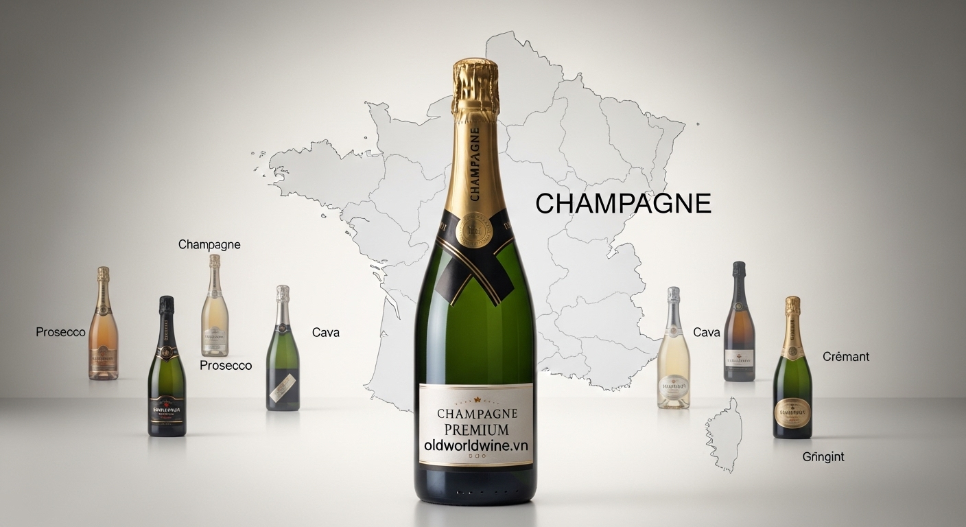Champagne chính hãng nổi bật giữa các loại rượu vang sủi tăm khác như Prosecco và Cava, nhấn mạnh quy định xuất xứ được bảo hộ