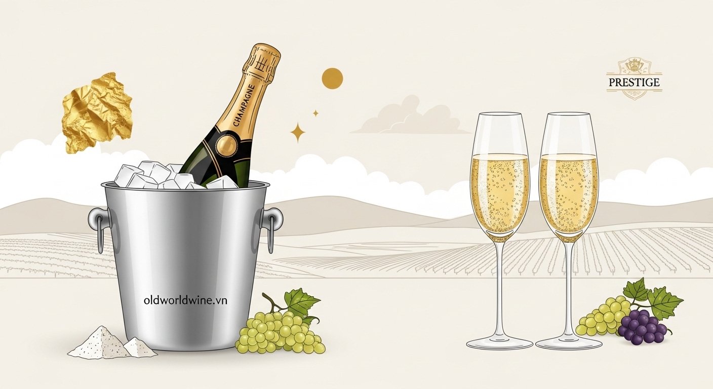Hình ảnh sang trọng về Champagne Pháp: chai Champagne trong xô đá, ly flute với bọt khí mịn, nền là vườn nho vùng Champagne, thể hiện đẳng cấp và sự tinh tế.