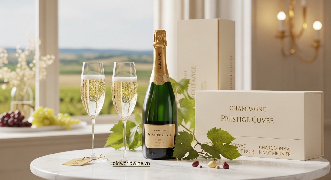 Hình ảnh sang trọng với chai Champagne, hai ly flute với bọt khí mịn, cùng phông nền tinh tế mô tả sự đẳng cấp và truyền thống vùng Champagne, Pháp.