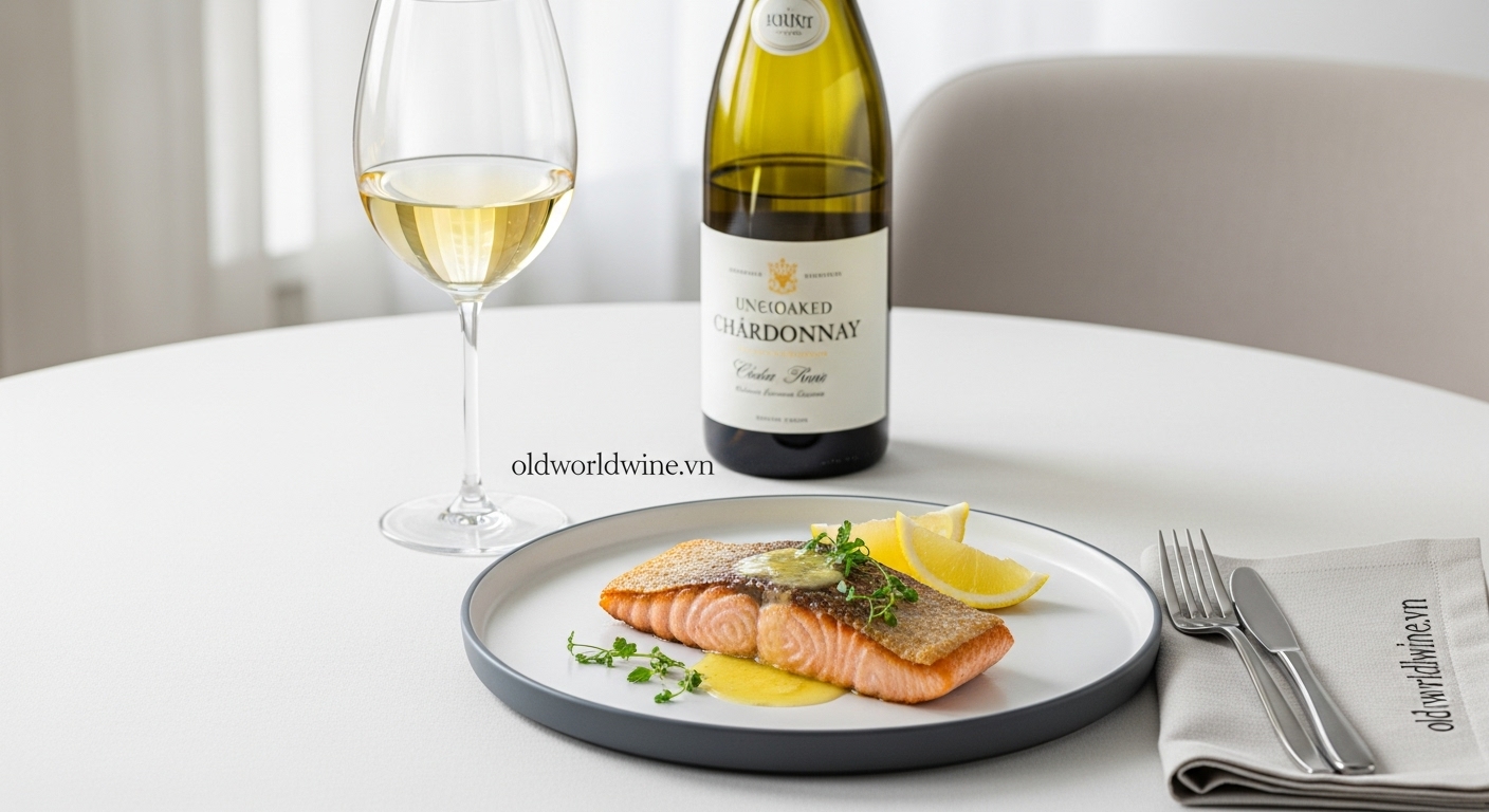Hình ảnh cá hồi áp chảo hoặc cá nướng sốt bơ kết hợp với rượu Chardonnay vùng Burgundy không ủ gỗ, trong bố cục tối giản sang trọng kèm watermark oldworldwine.vn tinh tế.