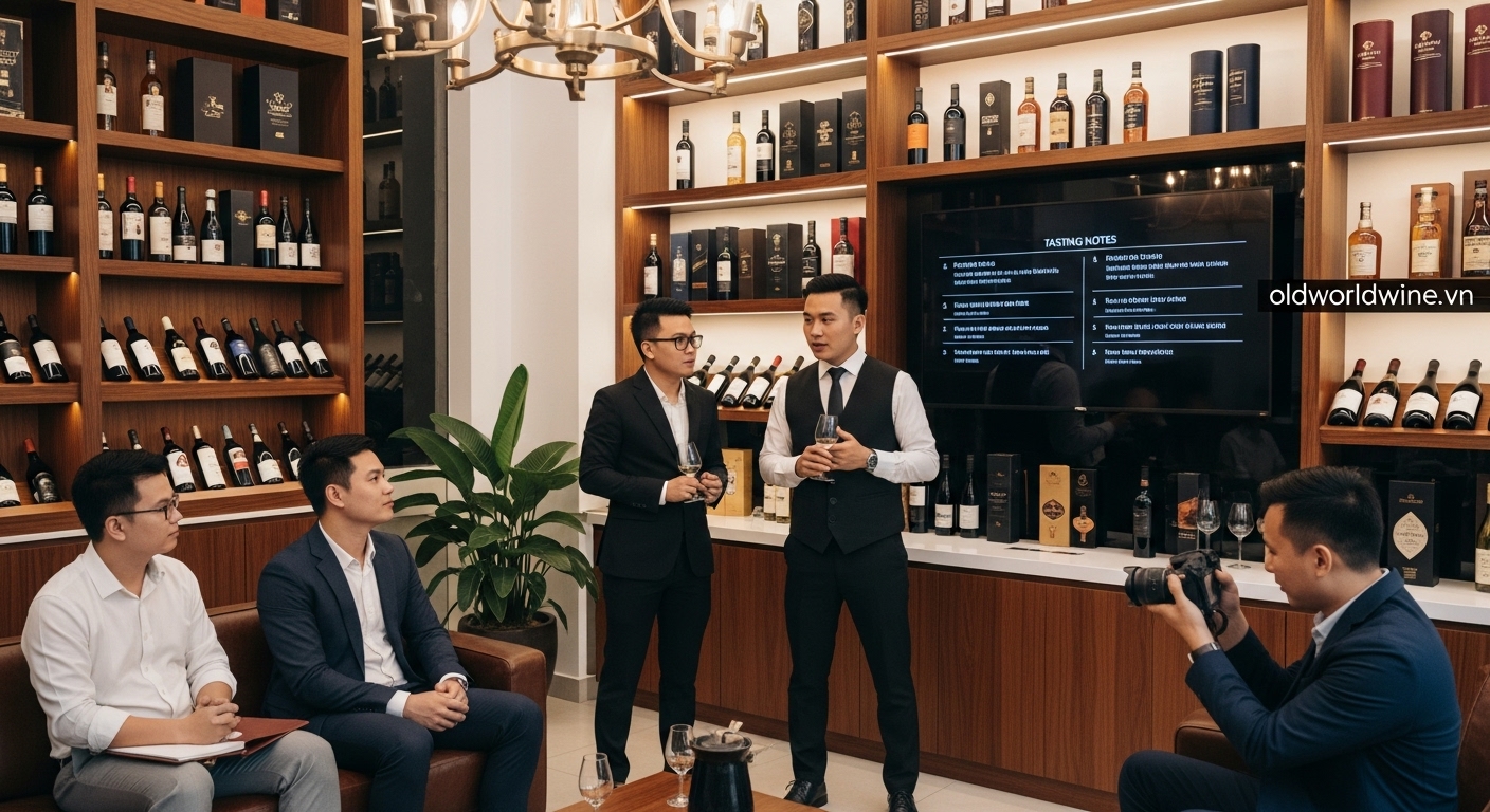 Hình ảnh trải nghiệm thương hiệu rượu cao cấp tại Việt Nam: chuyên gia giới thiệu rượu vang và whisky cho khách hàng trong không gian sang trọng – thể hiện chiến lược giáo dục, trải nghiệm và xây dựng lòng tin.
