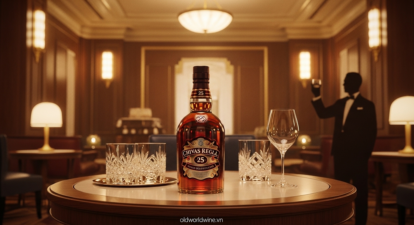 Hình ảnh sang trọng minh họa chai Chivas Regal 25 Year Old trong không gian lounge cổ điển thập niên 1900, gợi lên tinh thần tiên phong của dòng whisky cao cấp đầu tiên thế giới dành cho thị trường Mỹ.