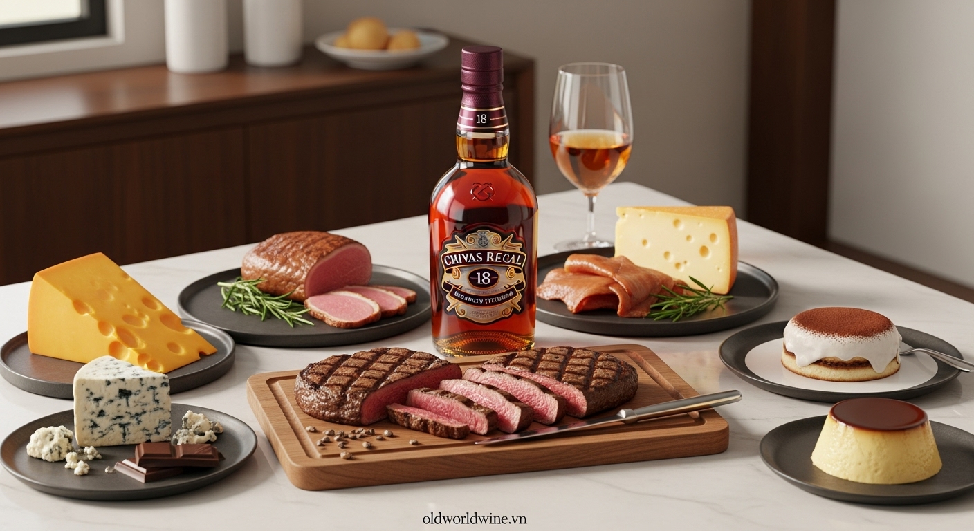 Hình ảnh kết hợp rượu Chivas Regal 18 với thịt nướng, phô mai ủ lâu năm, socola đen và món tráng miệng phương Tây như tiramisu và kem caramen.