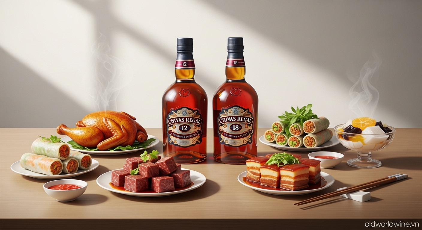 Hình ảnh rượu Chivas Regal kết hợp cùng món ăn Việt Nam như gà quay, bò lúc lắc, chả giò, thịt kho tàu và chè khúc bạch – gợi ý pairing Đông Tây tinh tế.