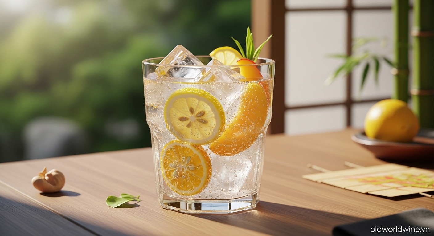 Ly Chuhai mát lạnh với trái cây tươi và đá, thể hiện sự sảng khoái, trẻ trung của đồ uống cocktail Nhật Bản.