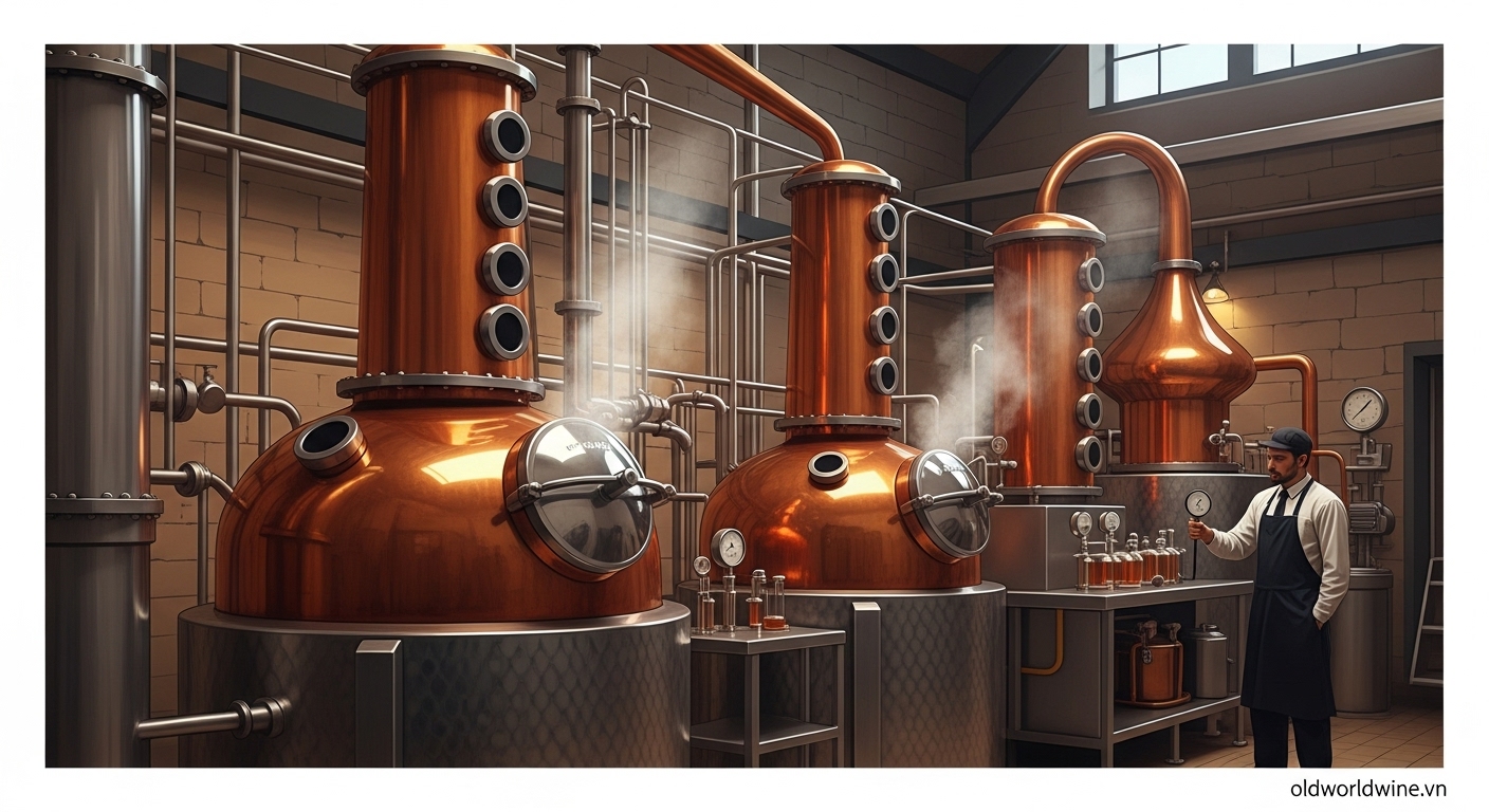 Hình ảnh chưng cất whisky trong nồi đồng truyền thống tại nhà máy chưng cất Scotland, thể hiện quá trình tinh lọc và nâng nồng độ cồn.