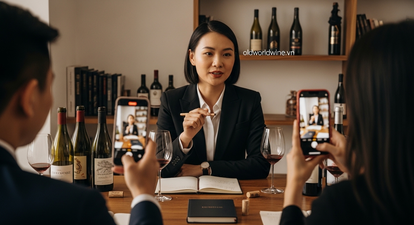 Hình ảnh chuyên gia rượu vang hướng dẫn nếm thử rượu trong buổi tasting sang trọng, thể hiện vai trò của chuyên gia và KOLs trong việc nâng cao gu thưởng thức và định hướng tiêu dùng tại Việt Nam.