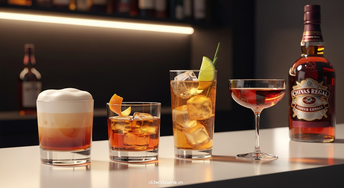 Các loại cocktail kinh điển làm từ rượu Chivas Regal như Whisky Sour, Old Fashioned, Whisky Ginger và Rob Roy, trình bày đẹp mắt trên quầy bar hiện đại.