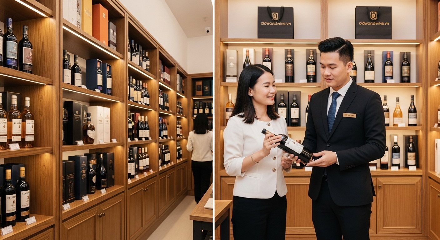 Hình ảnh cửa hàng rượu cao cấp với nhân viên tư vấn khách hàng về các dòng vang và whisky nhập khẩu.