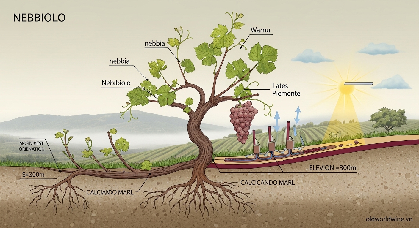 Hình minh họa sinh học cây nho Nebbiolo trong terroir lý tưởng ở Piemonte với đất đá vôi sét, sương mù và đồi dốc hướng nắng