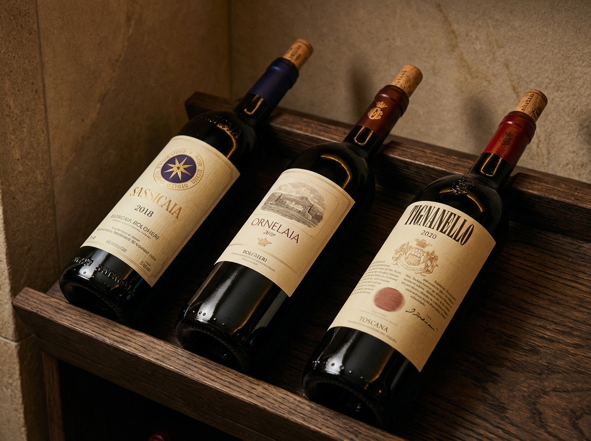 Ba chai rượu vang Ý Super Tuscan thuộc danh mục Blue-chip đang được lão hóa tĩnh lặng trên kệ gỗ sồi tại hầm rượu chuyên dụng.