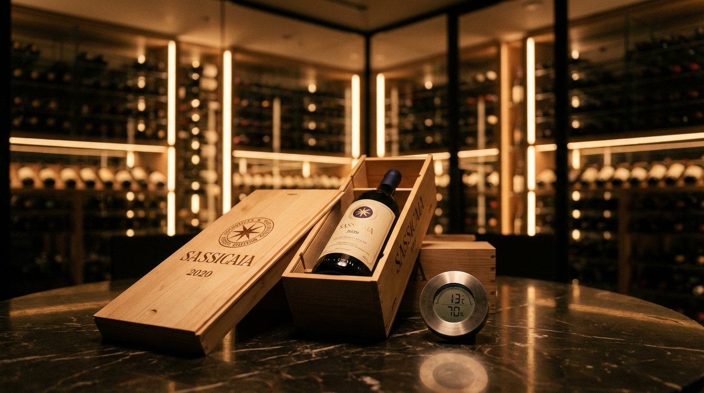 Thùng gỗ nguyên bản (OWC) chứa rượu vang Super Tuscan cao cấp được lưu trữ trong hầm rượu kiểm soát nhiệt độ 13°C, đại diện cho danh mục tài sản đầu tư an toàn.