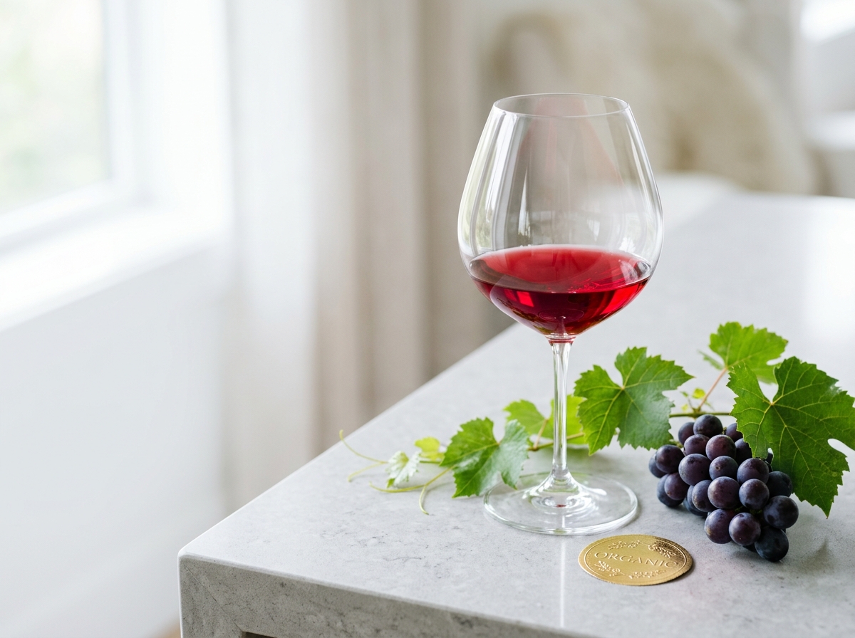 Một ly pha lê bầu to (dáng Burgundy) rót một ít rượu vang đỏ rực rỡ, đặt trên một mặt phẳng trơn láng bằng đá thạch anh (Quartz) xám nhạt. Kế bên ly vang là một nhánh nho tươi và một chiếc nhãn "Organic" dập nổi màu vàng kim (Gold foil) được đặt hờ hững