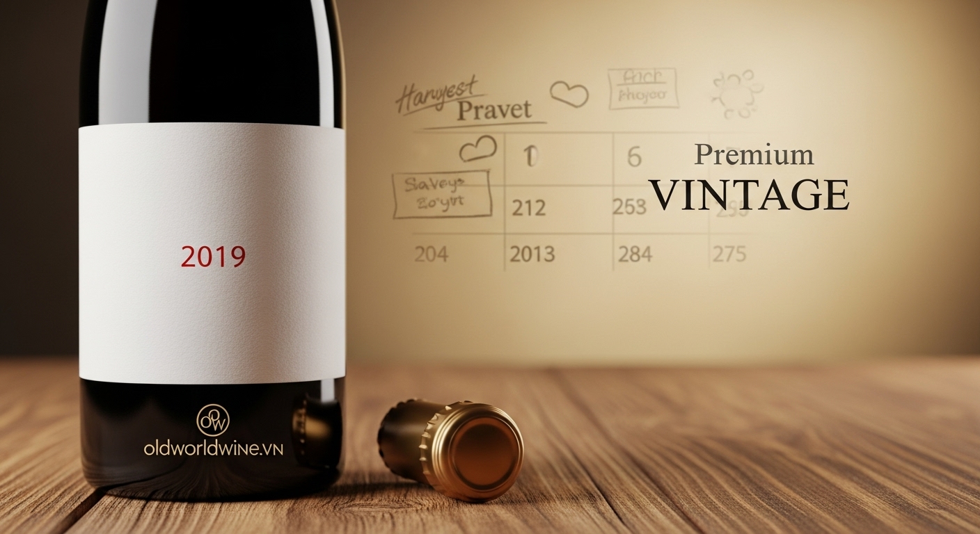 Chai rượu vang với năm Vintage nổi bật, minh họa khái niệm niên vụ – yếu tố quyết định phong cách và chất lượng rượu