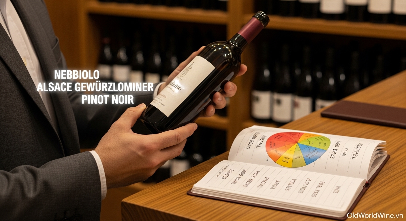 Người đọc nhãn chai rượu vang với từ khóa như Nebbiolo, Gewürztraminer, Pinot Noir, bên cạnh cuốn sách nhỏ ghi chú hương vị – gợi ý cách tìm hương hoa hồng qua tasting notes và vùng nho.