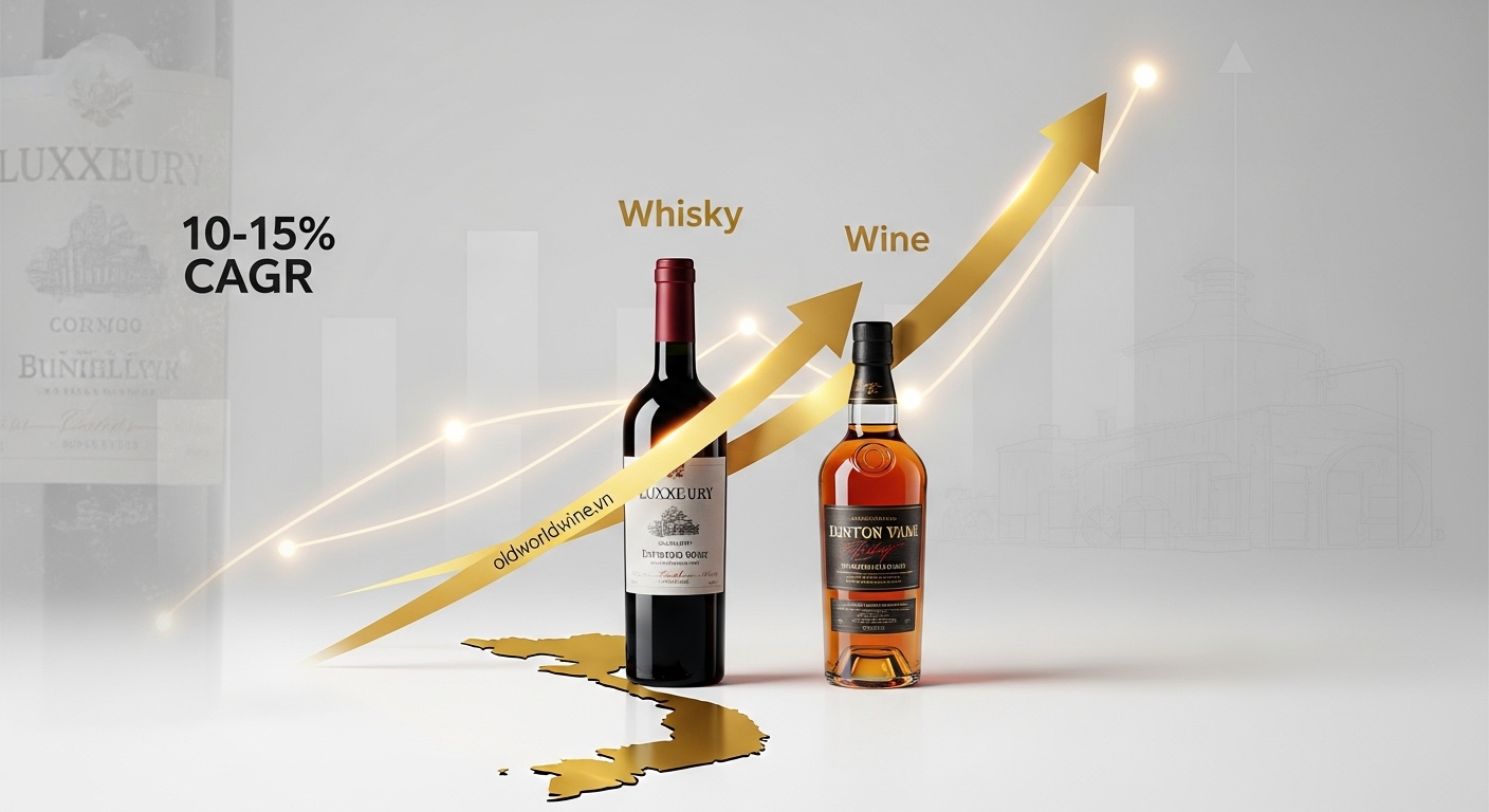 Hình ảnh dự báo tăng trưởng phân khúc rượu vang và whisky cao cấp tại Việt Nam với các mũi tên biểu thị tốc độ CAGR cao, phản ánh tiềm năng đầu tư mạnh mẽ và nhu cầu gia tăng của người tiêu dùng.