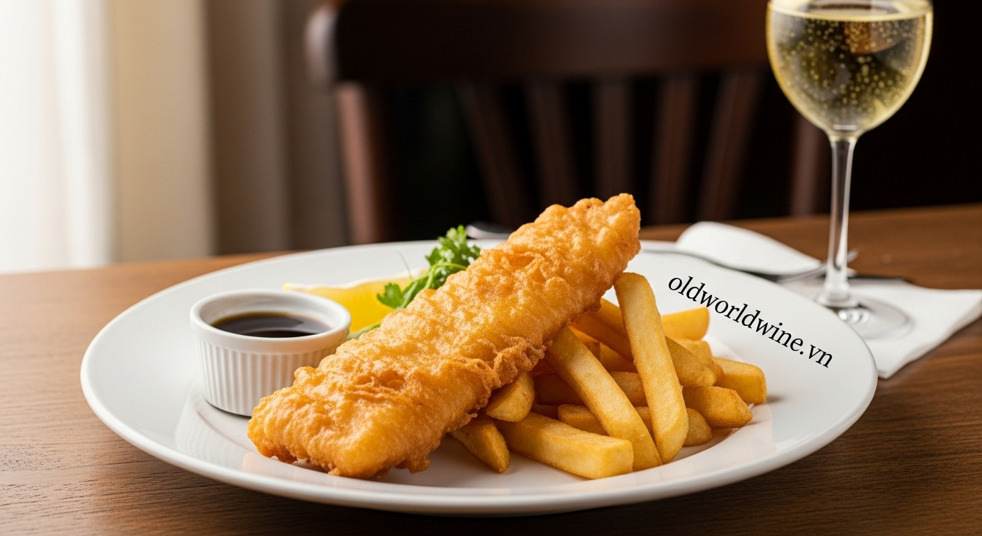 Món Fish and Chips truyền thống của Anh kèm khoai tây chiên, lát chanh và ly vang trắng sủi tăm
