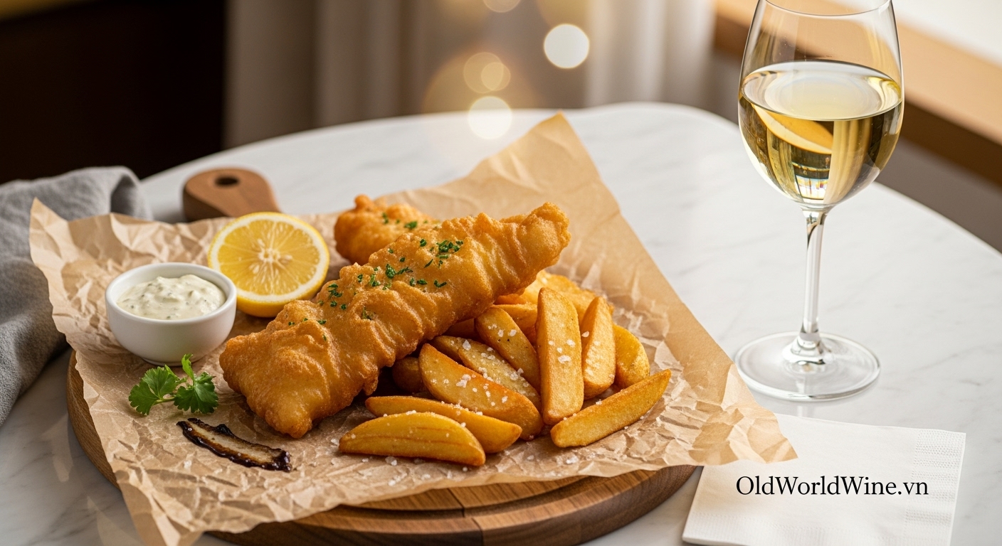 Món cá chiên khoai tây truyền thống của Anh kết hợp cùng rượu vang trắng – gợi ý pairing từ chuyên gia rượu vang Lily Trần (OldWorldWine.vn)