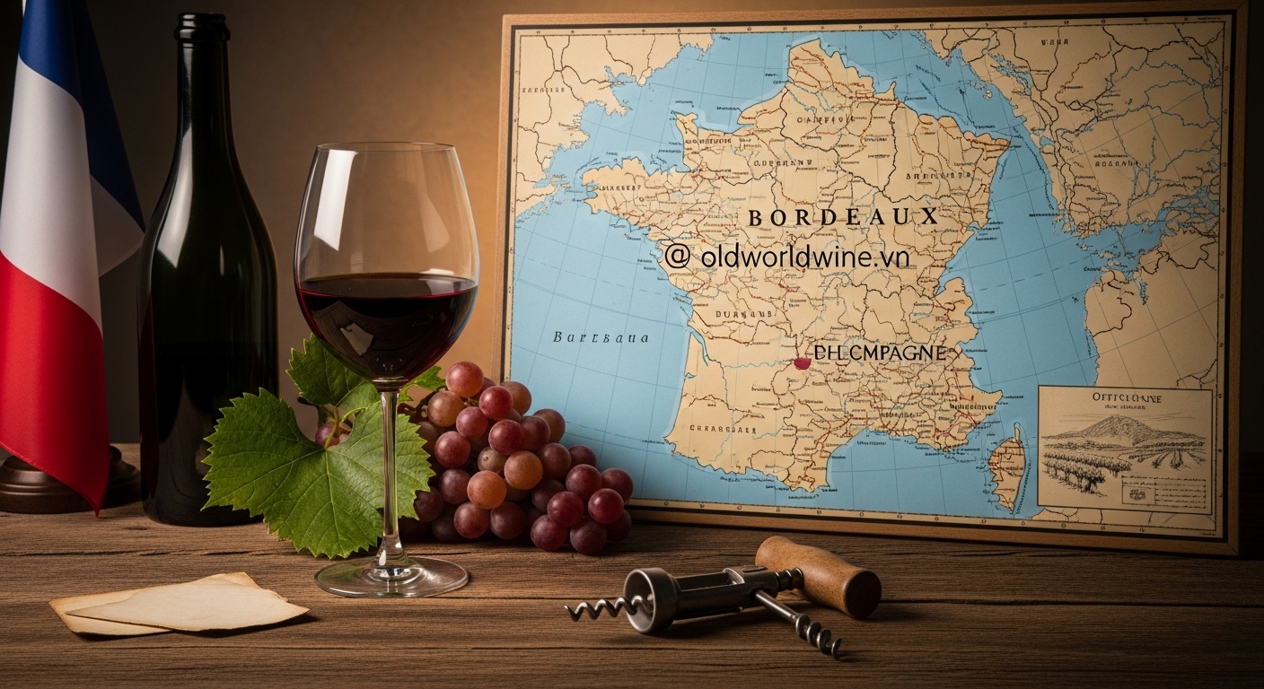 A vintage map of French wine regions with a glass of red wine and grapes, symbolizing the rich heritage and diversity of French wine.