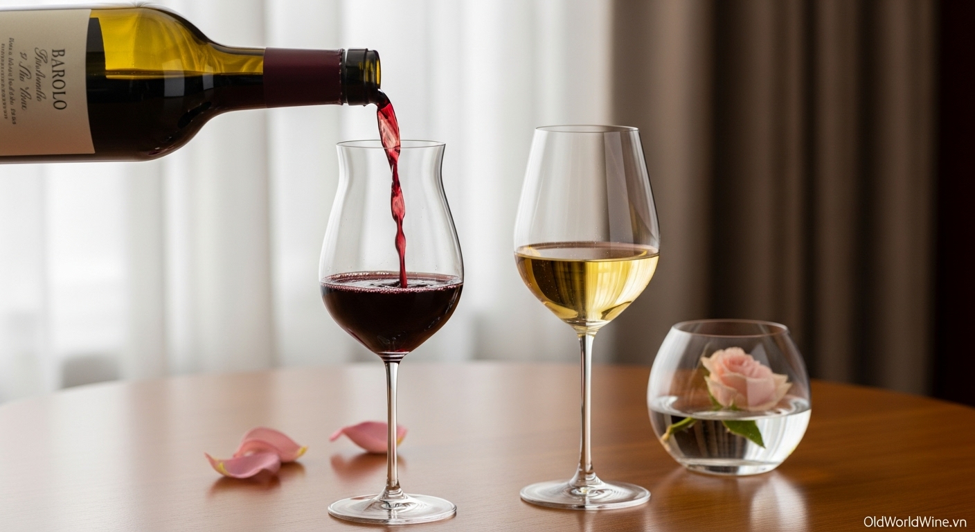 Ly Burgundy và ly trắng cho rượu vang có hương hoa hồng, cùng decanter đang gạn rượu Barolo – minh họa cách chọn ly và gạn rượu đúng cách để cảm nhận hương thơm.