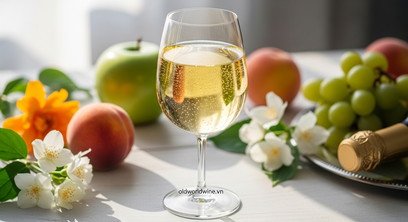 Ly rượu Moscato d’Asti màu vàng nhạt với bong bóng nhẹ, kết hợp hoa trắng và trái cây tươi dưới ánh nắng ban mai
