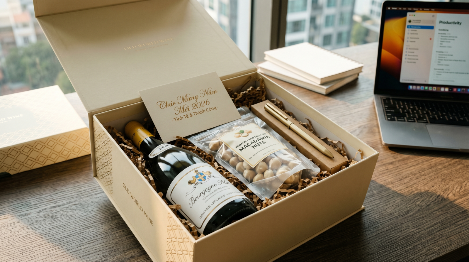 Set quà tặng Tết rượu vang trắng Sauvignon Blanc thanh lịch, độ cồn thấp kết hợp hạt macca cao cấp dành cho nữ doanh nhân VIP, được tư vấn bởi Sommelier WSET 3 tại OldWorldWine.vn.