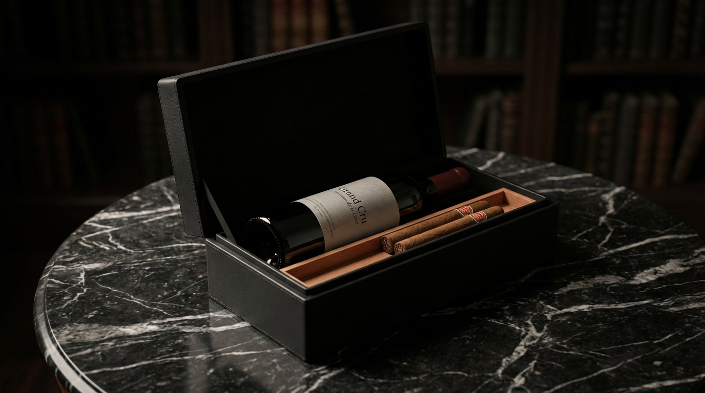 Giỏ quà Tết rượu vang Grand Cru và xì gà cao cấp đựng trong hộp da thật chuẩn Minimalism dành cho đối tác doanh nghiệp VIP.