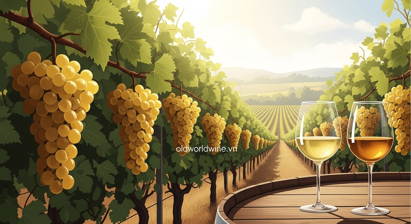 Hình minh họa nghệ thuật về giống nho Chardonnay – nữ hoàng của các giống nho trắng với đa dạng phong cách rượu vang