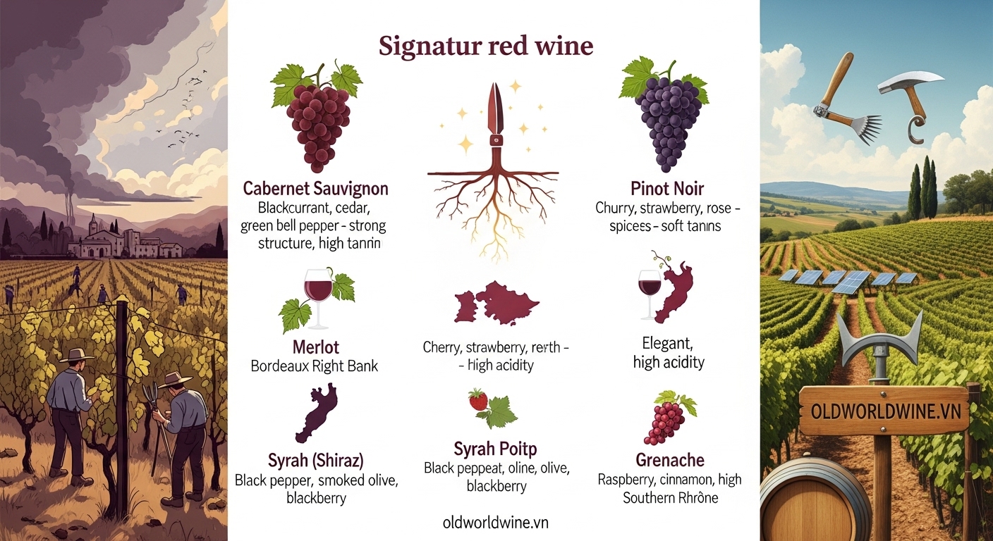 Infographic giới thiệu 5 giống nho đỏ nổi bật: Cabernet Sauvignon, Merlot, Pinot Noir, Syrah và Grenache, kèm hương vị đặc trưng và vùng trồng nổi tiếng.