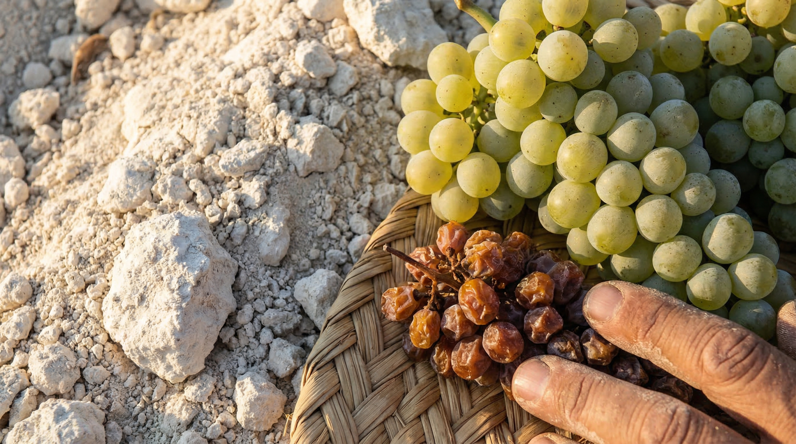 Ảnh cận cảnh: Chùm nho Palomino Fino mọng nước và nho Pedro Ximénez khô héo trên chiếu cói (asoleo).