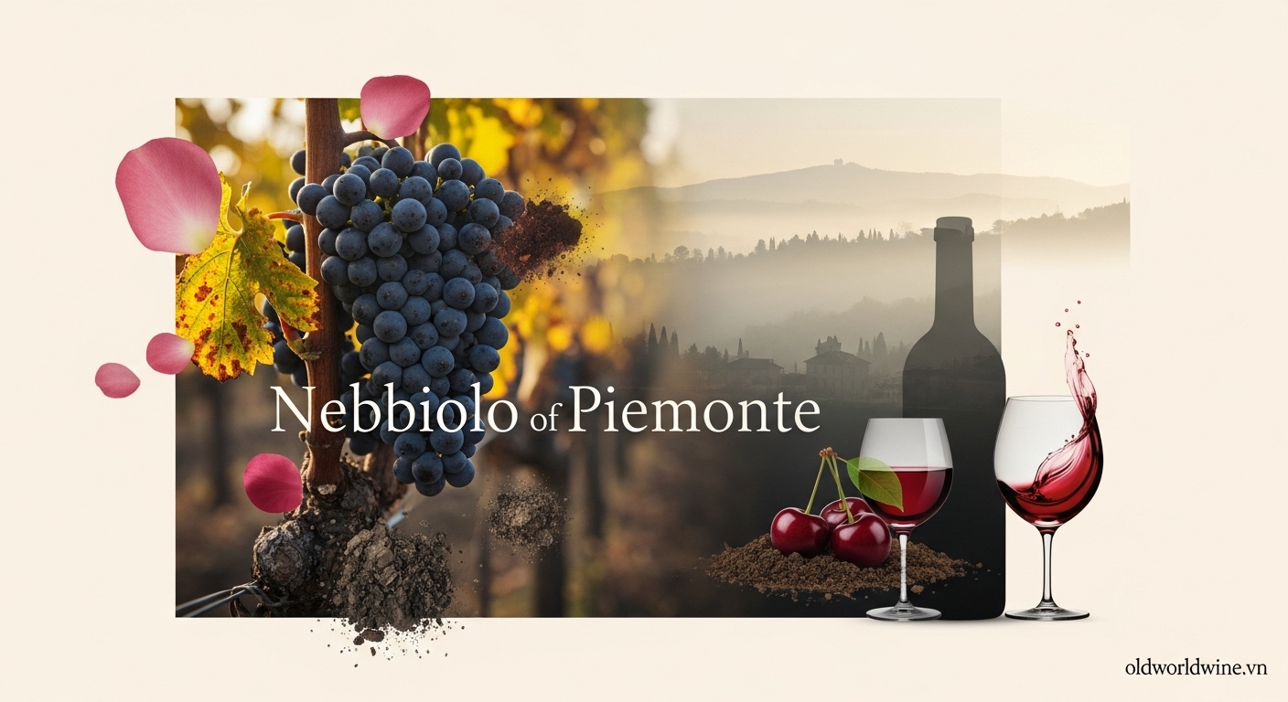 Hình ảnh nghệ thuật giống nho Nebbiolo với phong cảnh Piemonte mùa thu, biểu tượng của rượu vang Barolo và Barbaresco