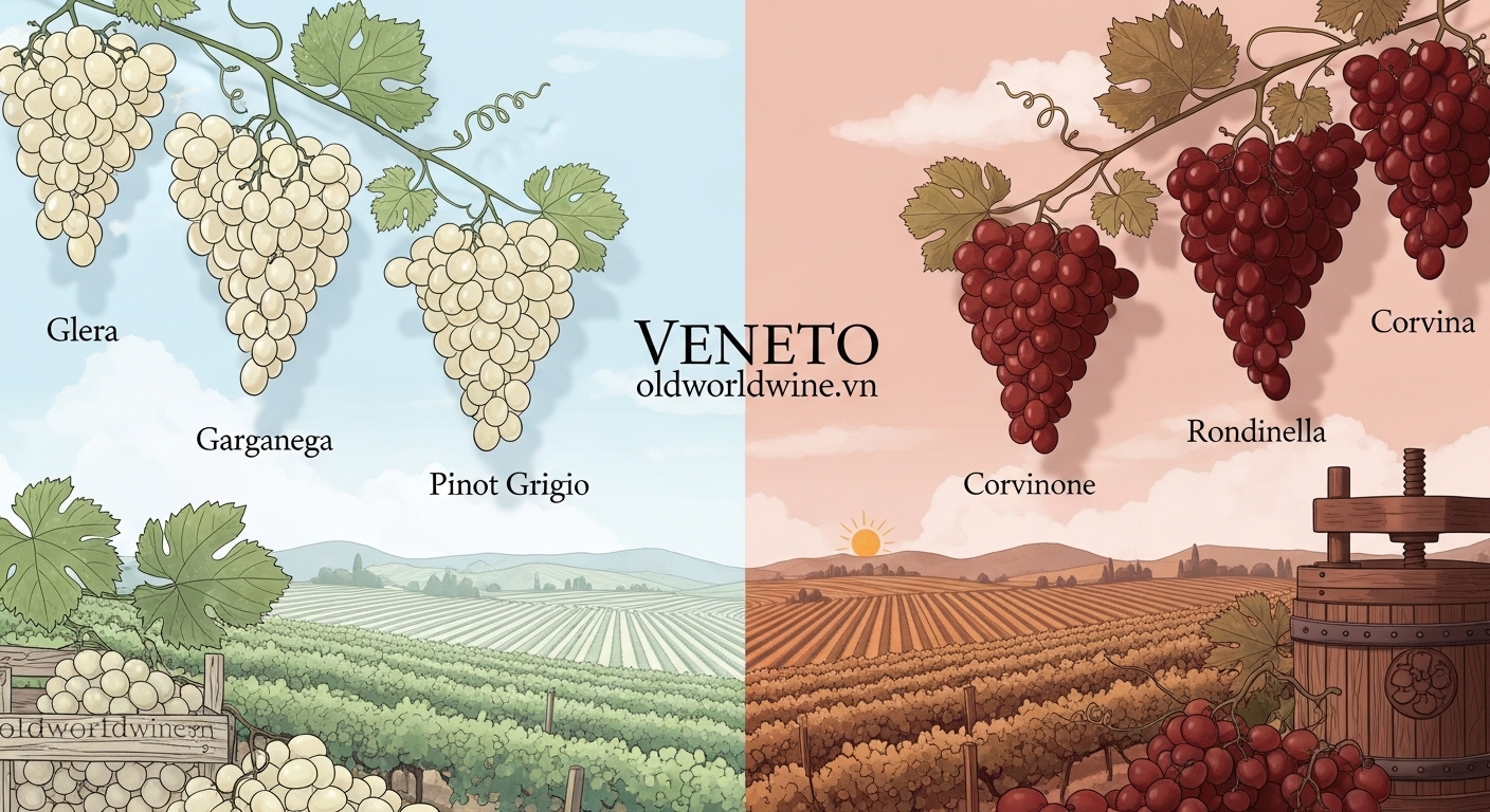 Hình minh họa các giống nho trắng và đỏ chủ đạo của vùng Veneto như Glera, Garganega, Corvina và Rondinella