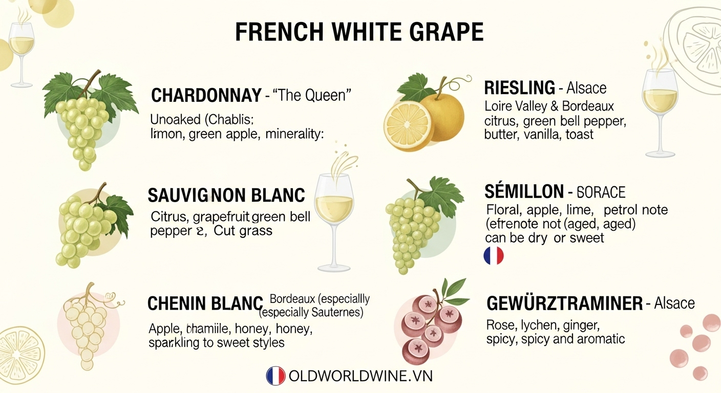 Infographic giới thiệu các giống nho trắng nổi tiếng của Pháp: Chardonnay, Sauvignon Blanc, Riesling, Chenin Blanc, Sémillon và Gewürztraminer, kèm hương vị đặc trưng và vùng trồng tiêu biểu.